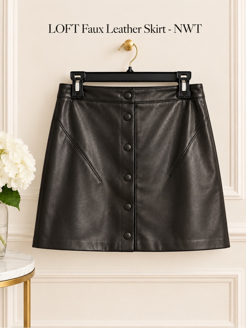 LOFT Black Faux Leather Button-Front Mini Skirt - NWT